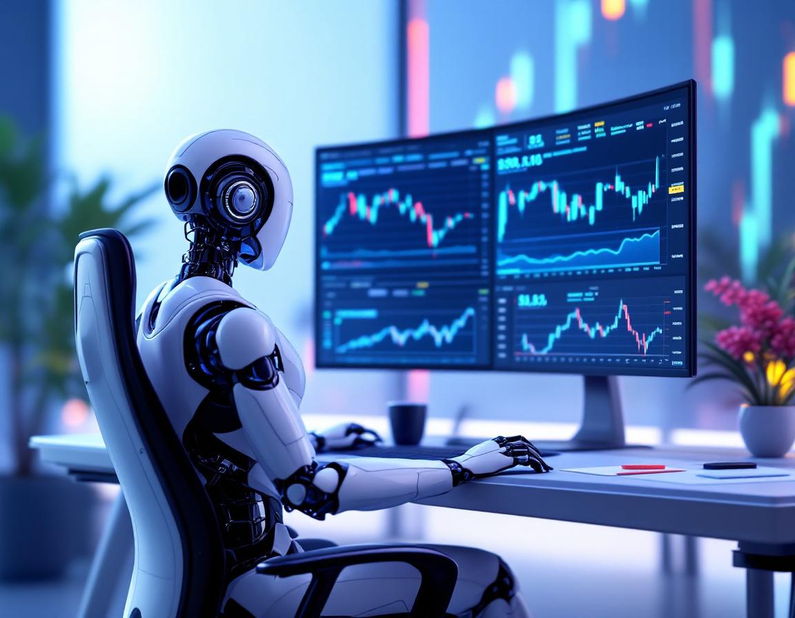 A humanoid AI trading bot in a futuristic workspace, analyzing market data on multiple screens.
