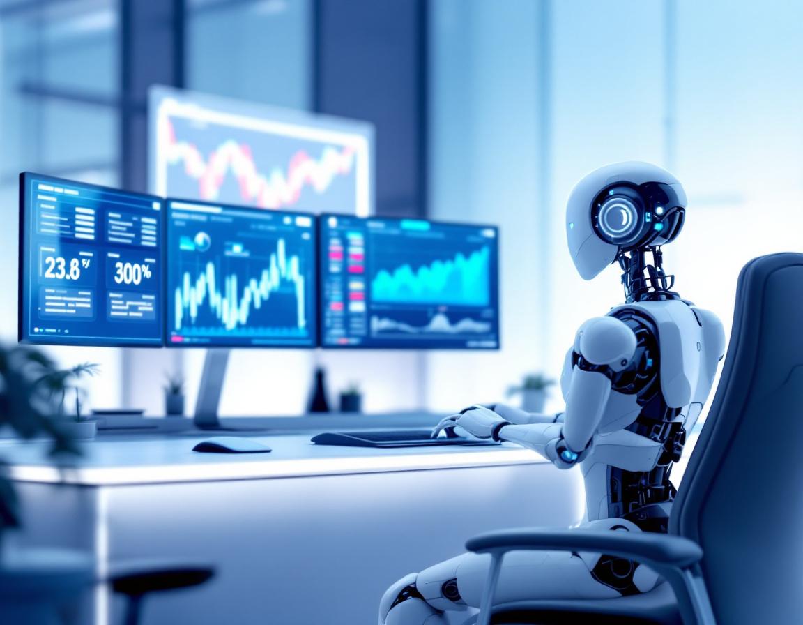 A hyper-realistic AI trading bot at a high-tech workstation, analyzing stock and crypto market data.