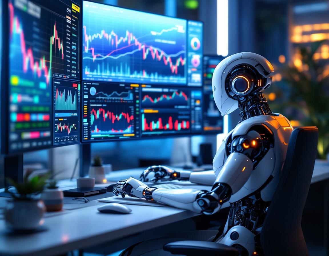A humanoid AI trading bot analyzes market data at a high-tech workstation with multiple screens.