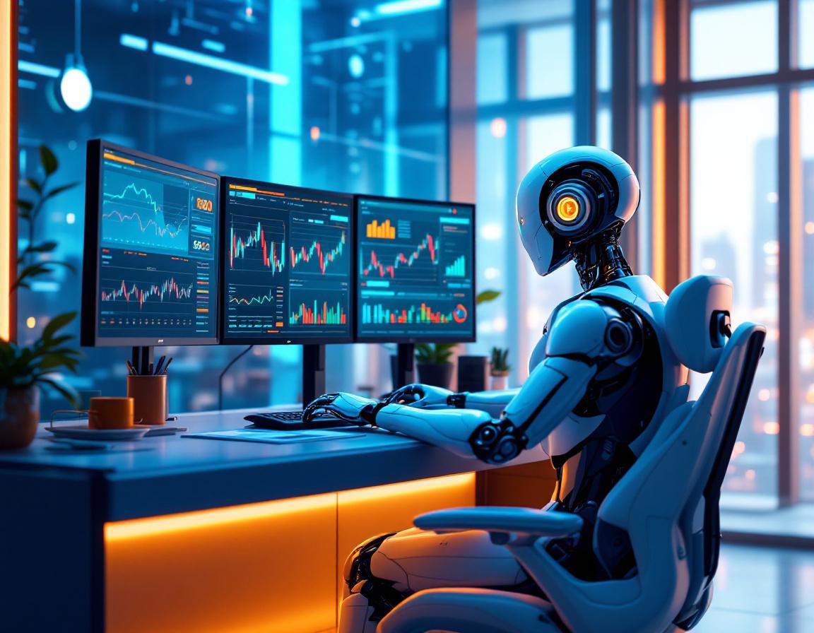 A sleek humanoid AI trading bot analyzes data at a high-tech workstation with glowing screens.