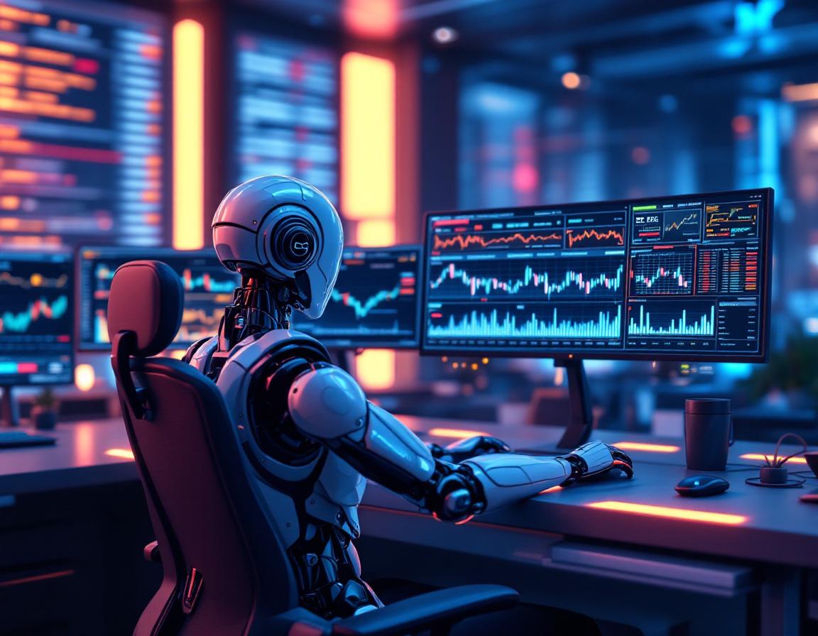 A hyper-realistic AI trading bot at a workstation analyzing market data on multiple screens.