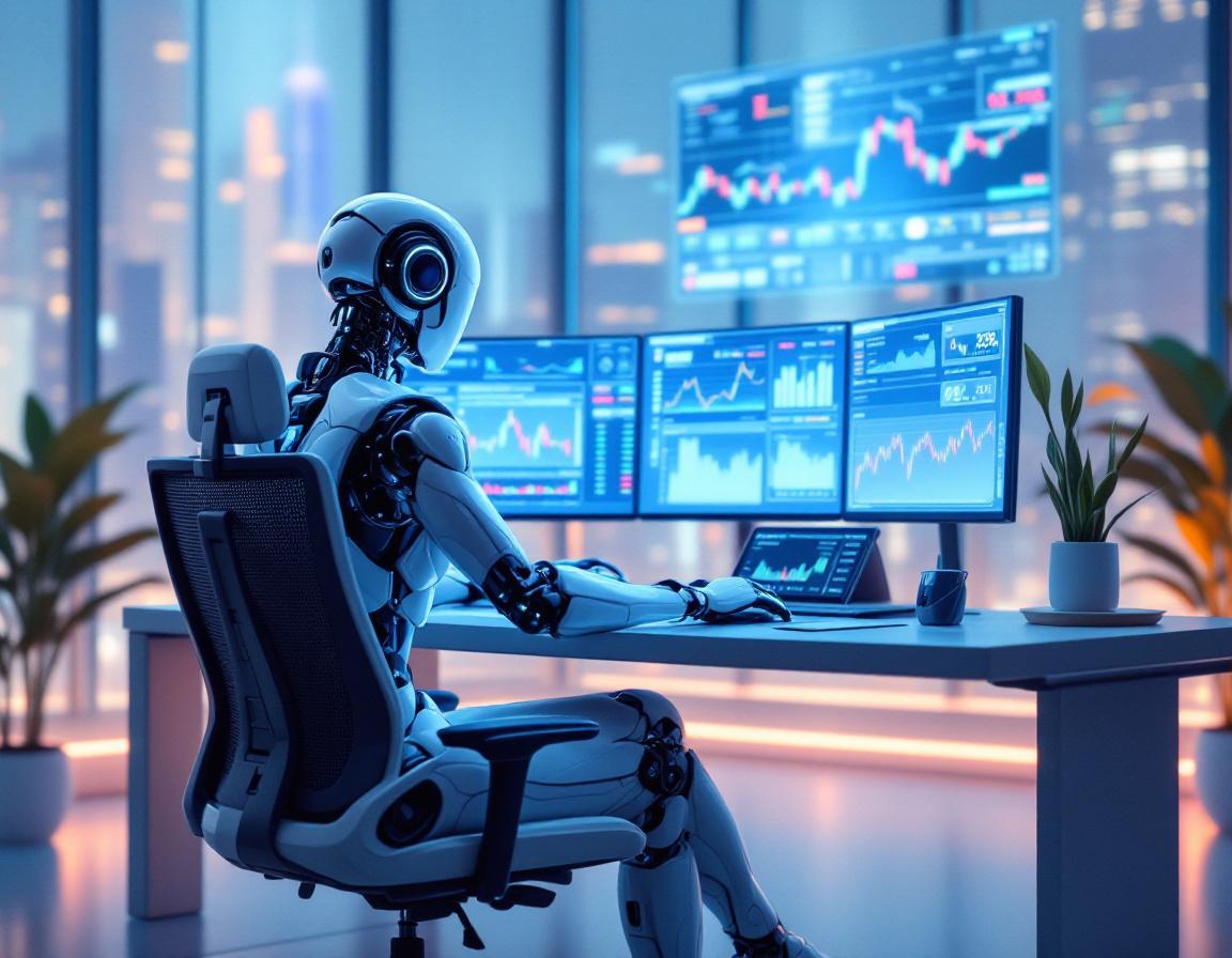 A hyper-realistic AI trading bot in a futuristic setting, analyzing market data on multiple screens.
