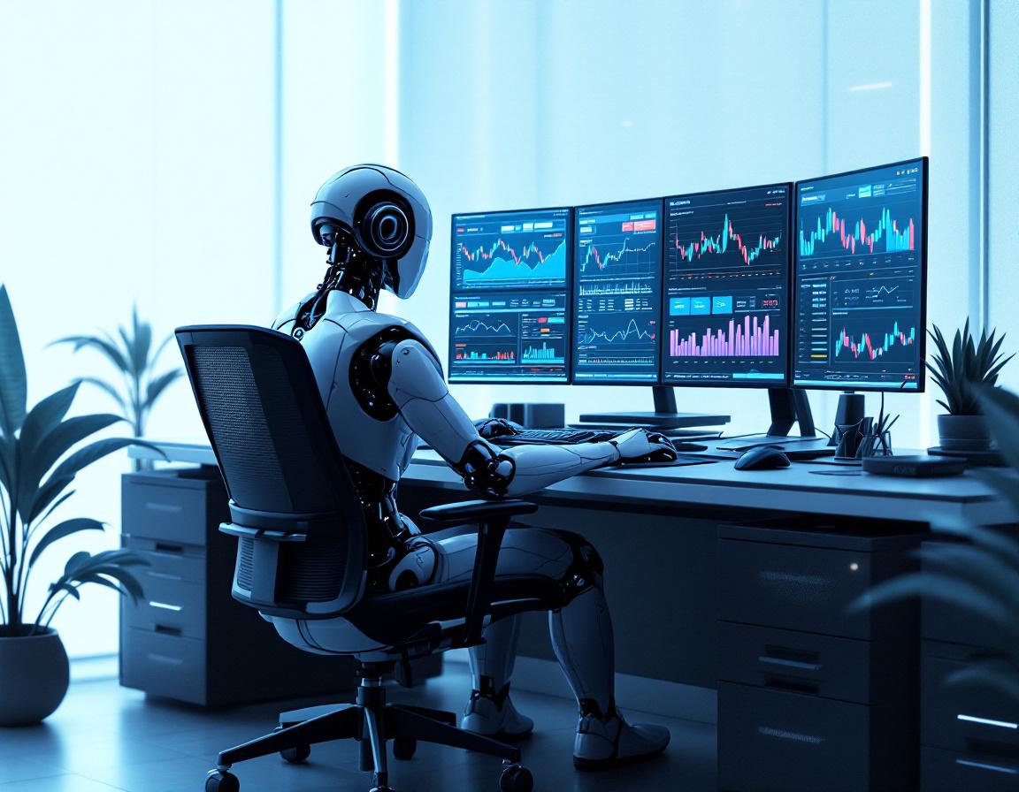 A hyper-realistic AI trading bot in a futuristic workspace analyzes market data on multiple screens.