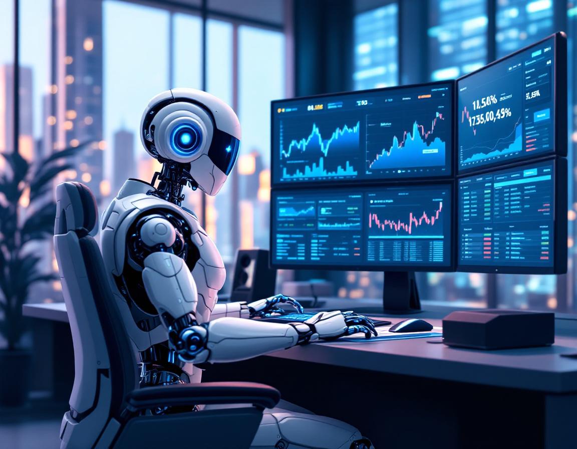 A hyper-realistic AI trading bot seated at a workstation, analyzing market data on multiple screens.