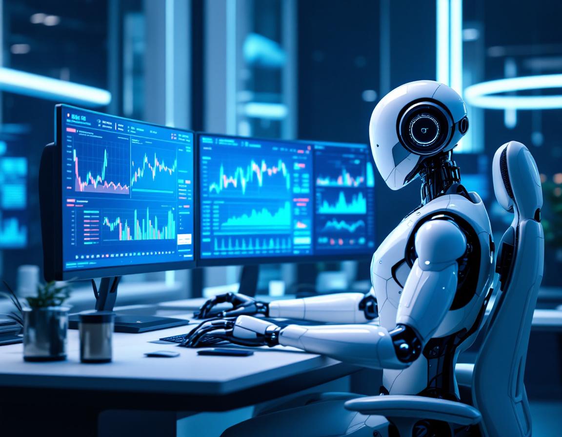 A hyper-realistic AI trading bot in a futuristic setting, analyzing market data on multiple screens.