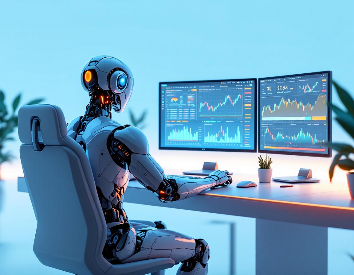 A hyper-realistic AI trading bot analyzes market data on multiple screens in a futuristic setting.