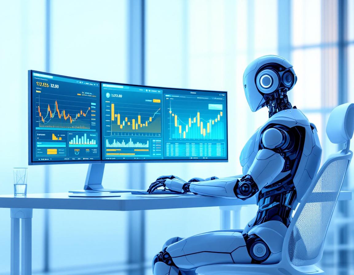 A hyper-realistic AI trading bot analyzes market data at a high-tech workstation, displaying trends.