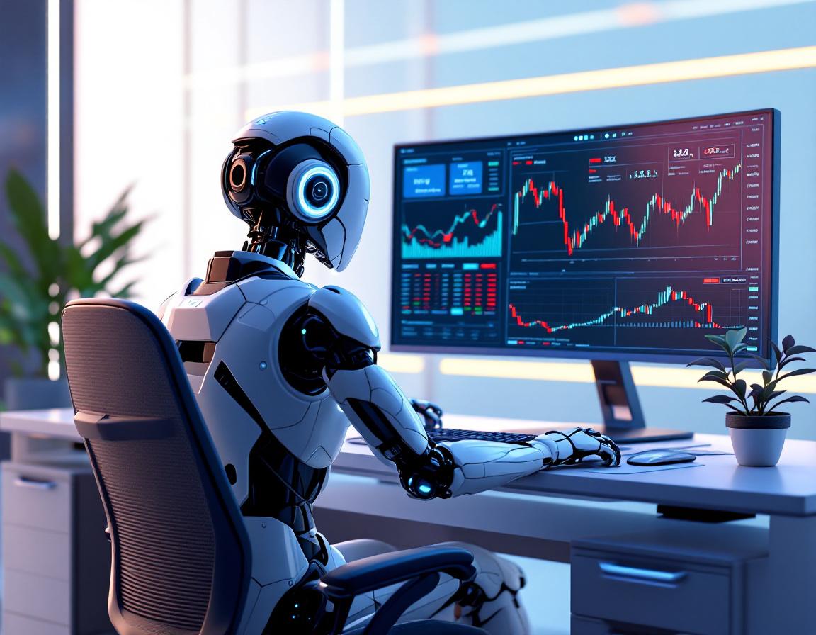 A humanoid AI trading bot at a workstation, analyzing market data across multiple glowing screens.