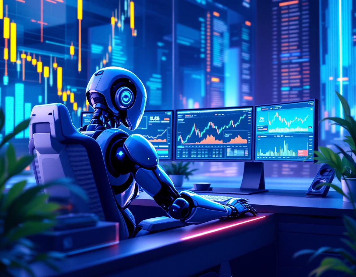 A humanoid AI trading bot analyzes data at a futuristic workstation, surrounded by multiple screens.