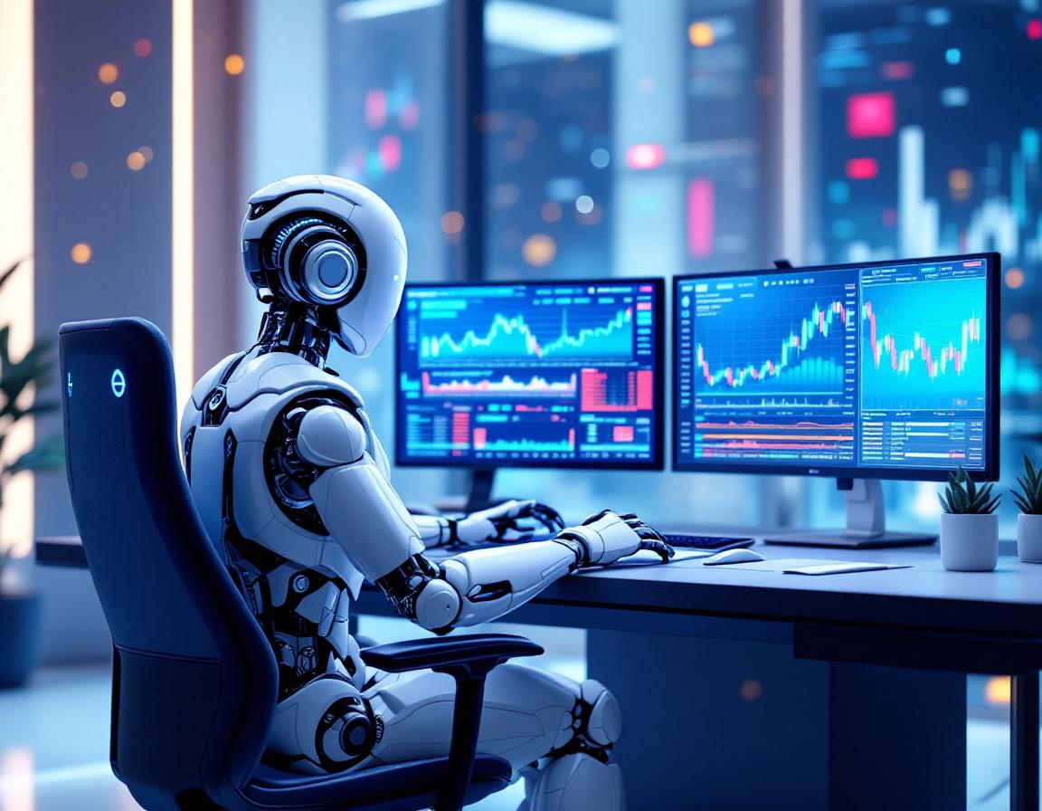 A hyper-realistic AI trading bot at a high-tech workstation analyzing markets on multiple screens.