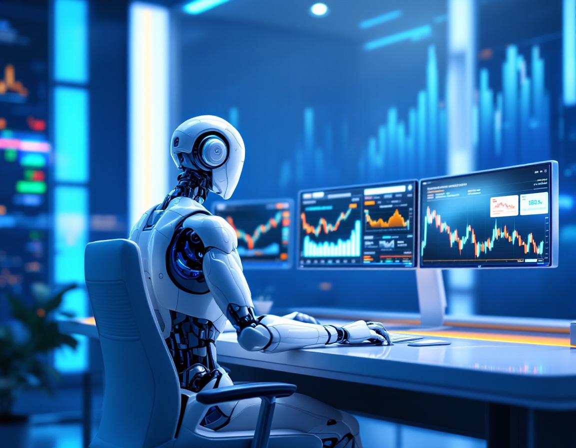 A hyper-realistic AI trading bot operates a workstation, analyzing market data on multiple screens.