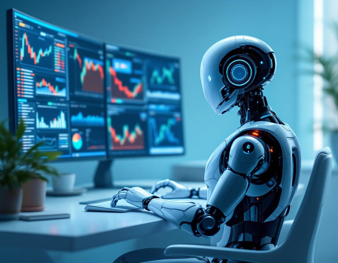 A humanoid AI trading bot at a high-tech workstation analyzing market data across multiple screens.