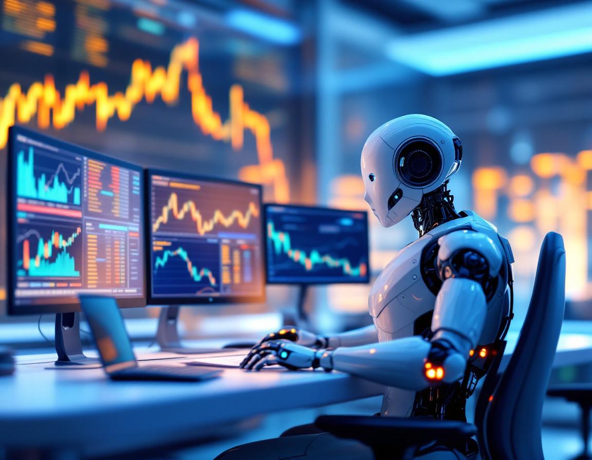 A humanoid AI trading bot analyzes market data at a sleek workstation surrounded by glowing screens.