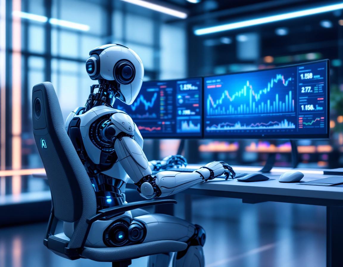 A sleek humanoid AI trading bot at a high-tech workstation analyzing stock and crypto market data.
