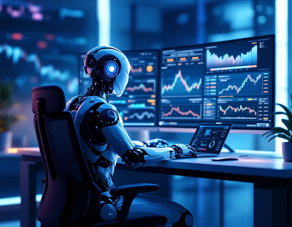 A hyper-realistic AI trading bot at a futuristic workstation analyzing crypto and stock market data.