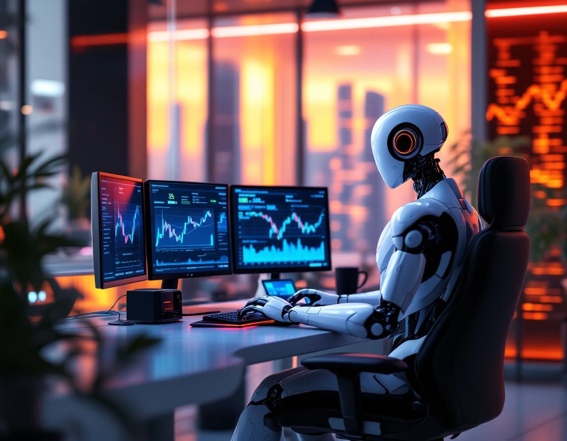 A sleek humanoid AI trading bot at a high-tech workstation analyzing data on multiple screens.
