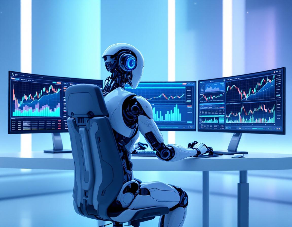 A humanoid AI trading bot at a sleek workstation analyzing market data on multiple screens.