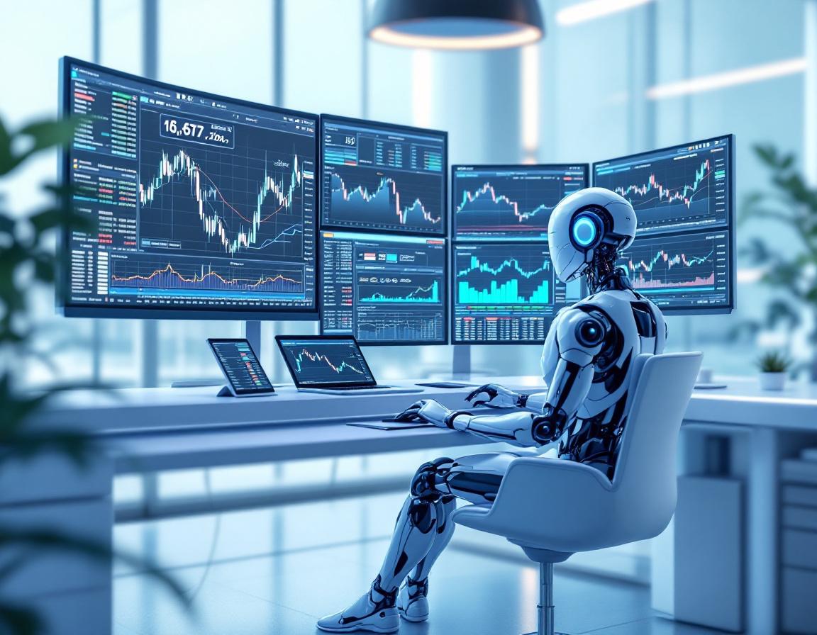 A hyper-realistic AI trading bot in a futuristic workspace, analyzing data on multiple screens.