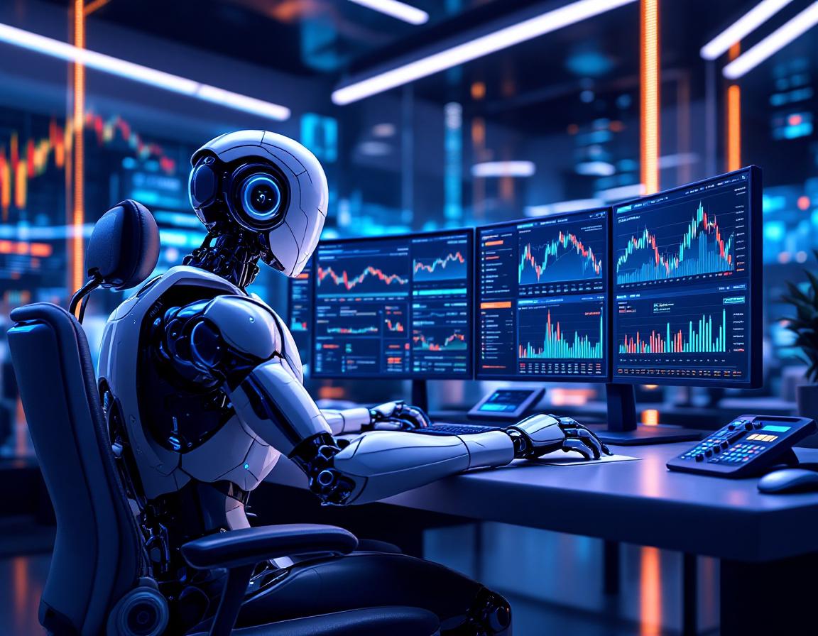 A hyper-realistic AI trading bot at a workstation, analyzing market data on multiple screens.