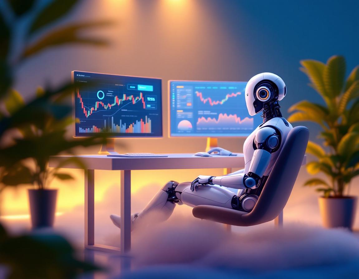 A hyper-realistic AI trading bot analyzes market data on multiple screens in a futuristic setting.