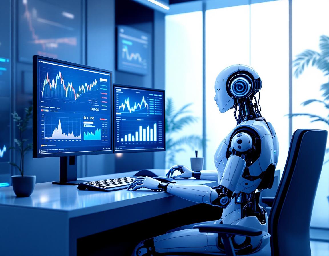 A futuristic AI trading bot analyzes market data at a high-tech workstation with glowing screens.