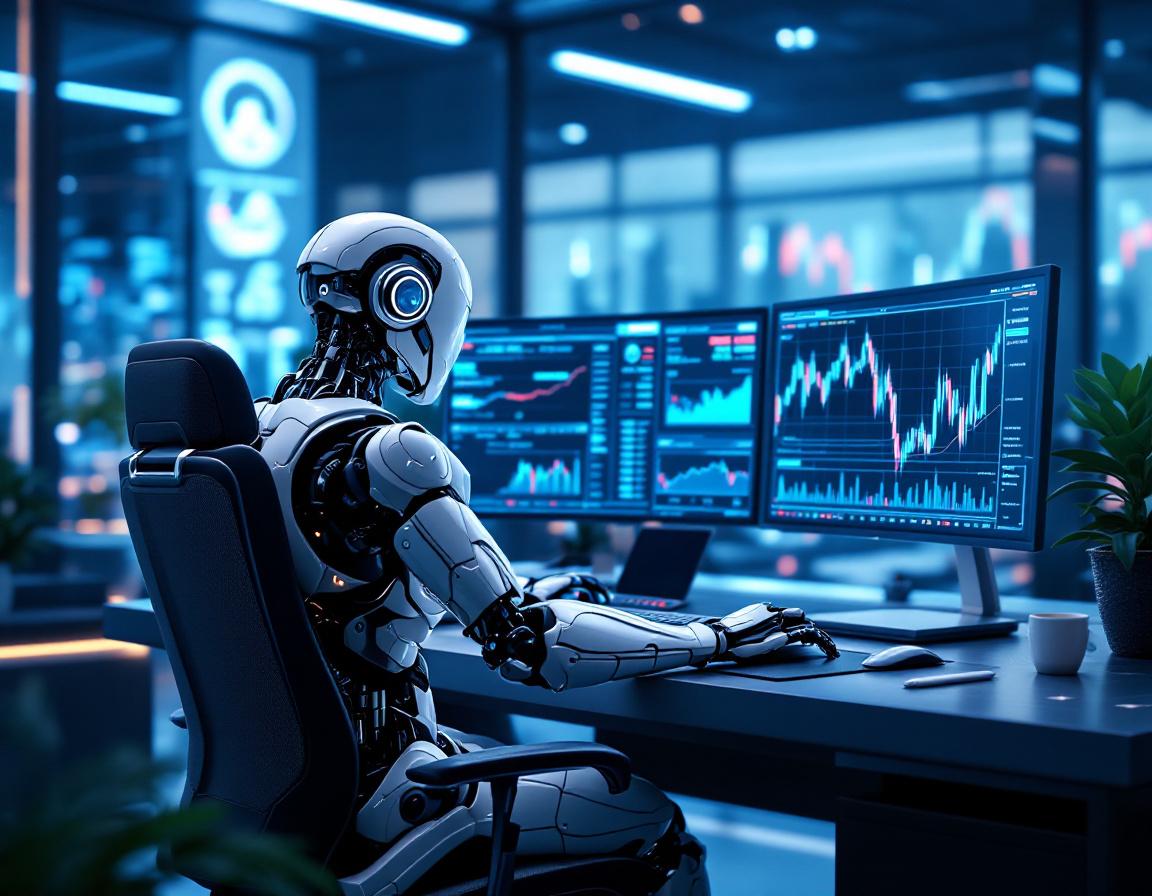 A humanoid AI trading bot analyzes market data at a high-tech workstation with multiple screens.