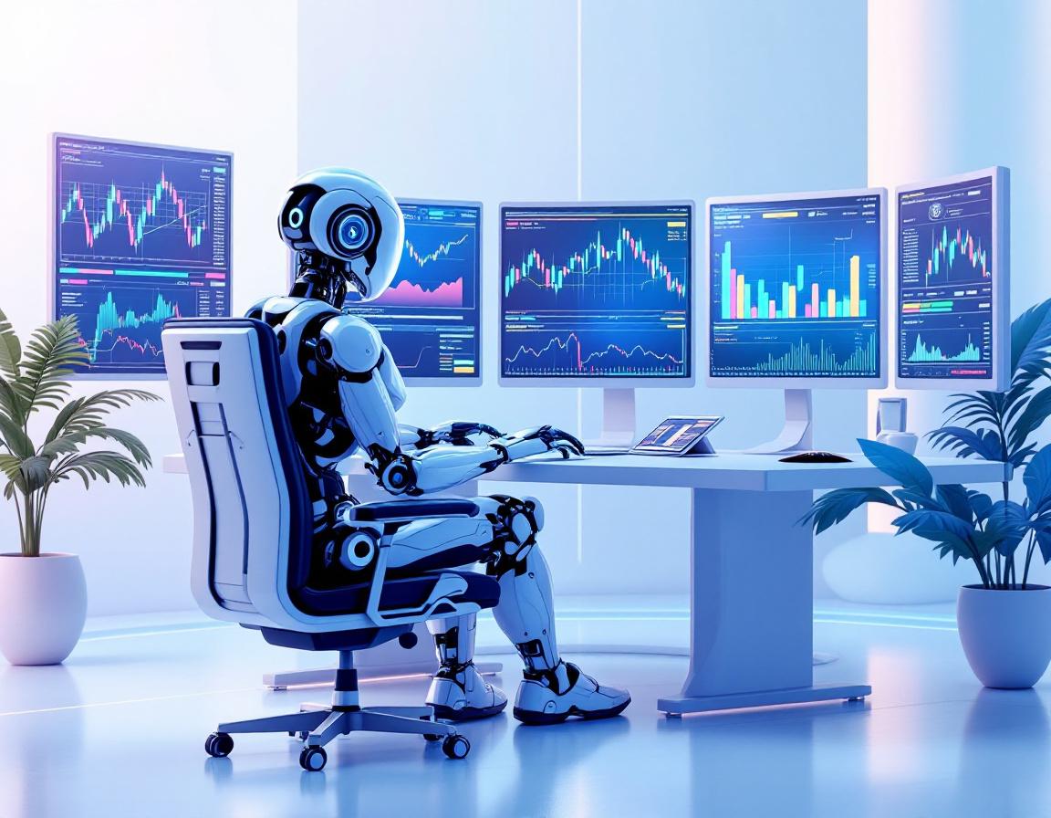 A humanoid AI trading bot at a workstation analyzing market data with multiple screens of charts.