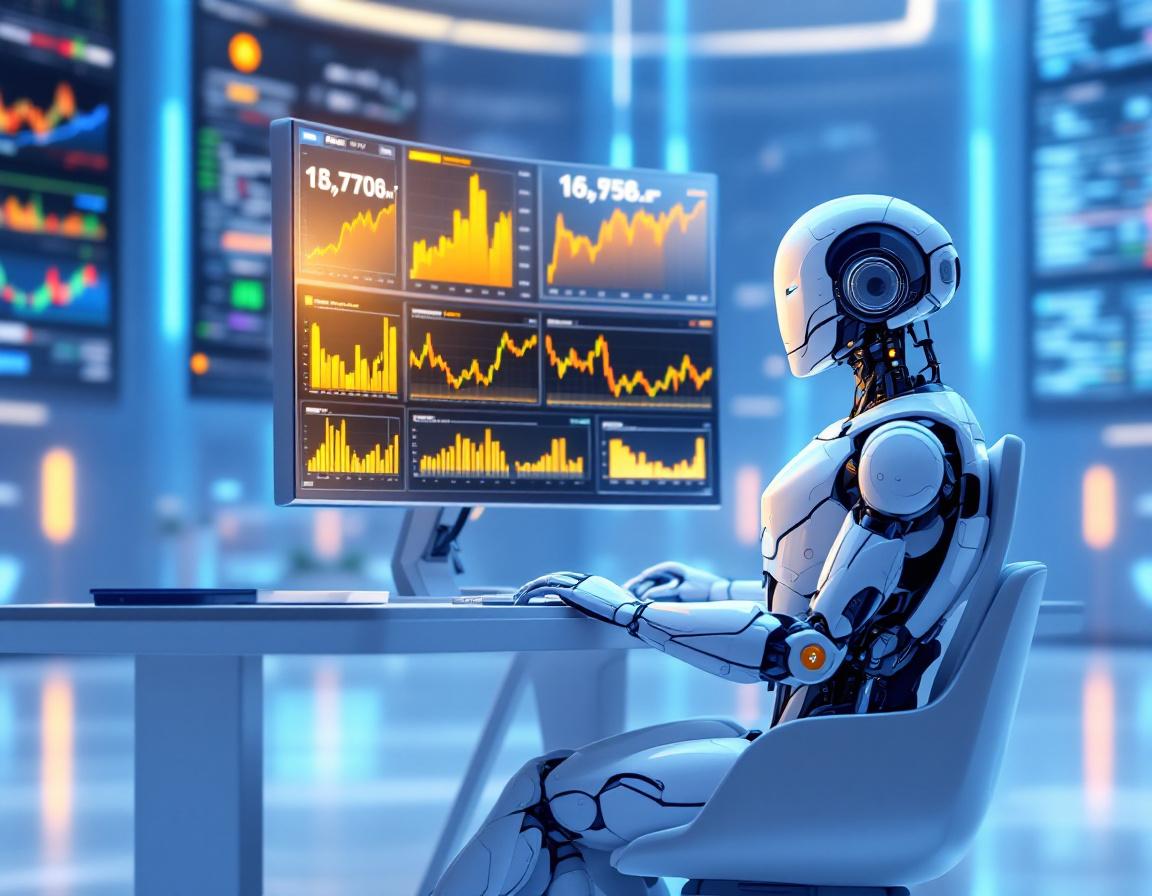 A humanoid AI trading bot at a high-tech workstation analyzing market data on multiple screens.
