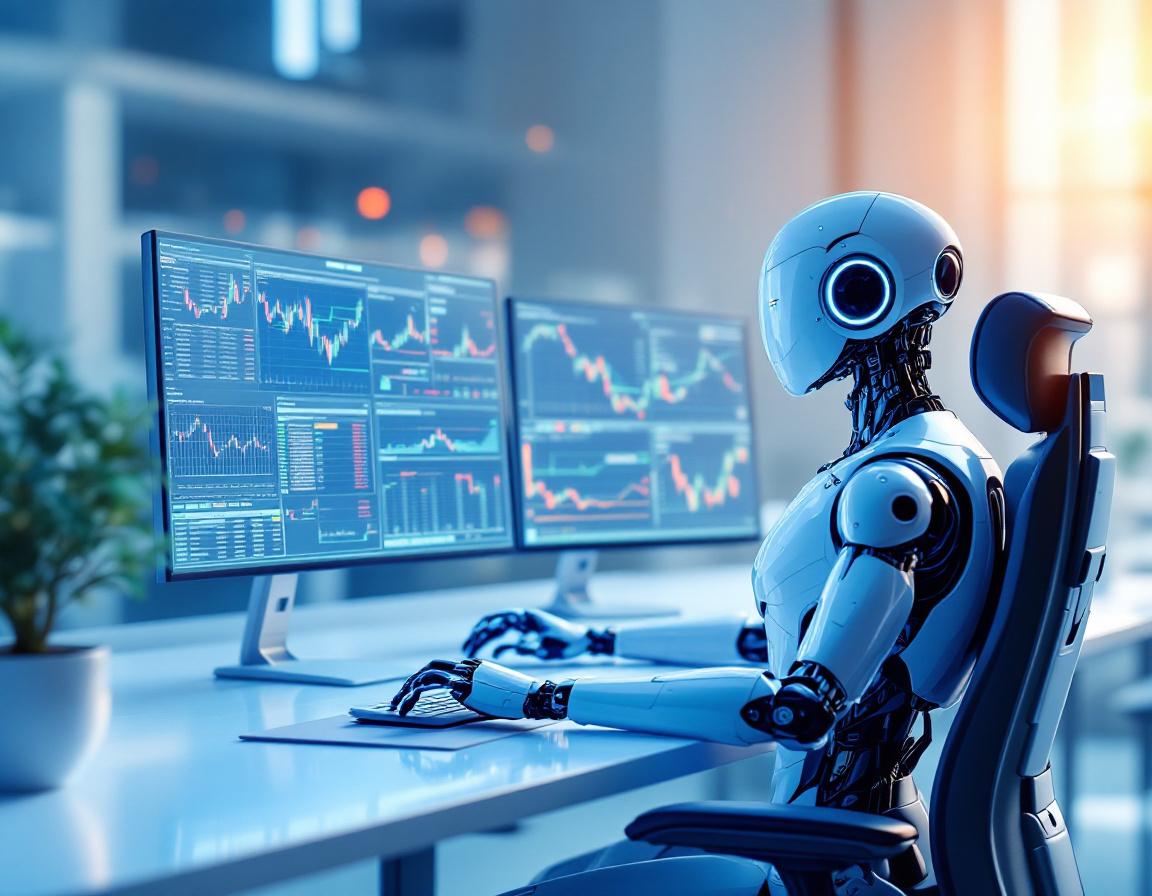 A humanoid AI trading bot in a futuristic environment analyzes market data on multiple screens.