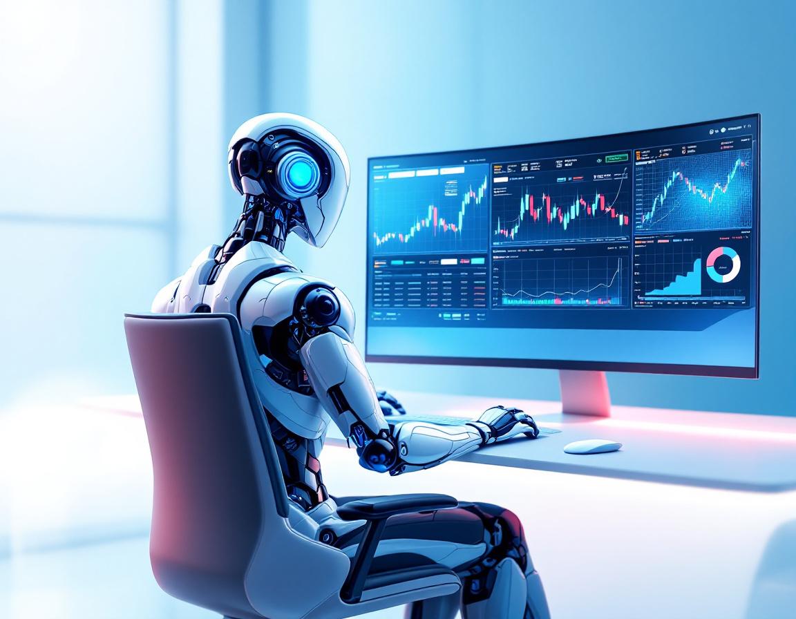 A humanoid AI trading bot at a workstation with multiple screens displaying market data trends.