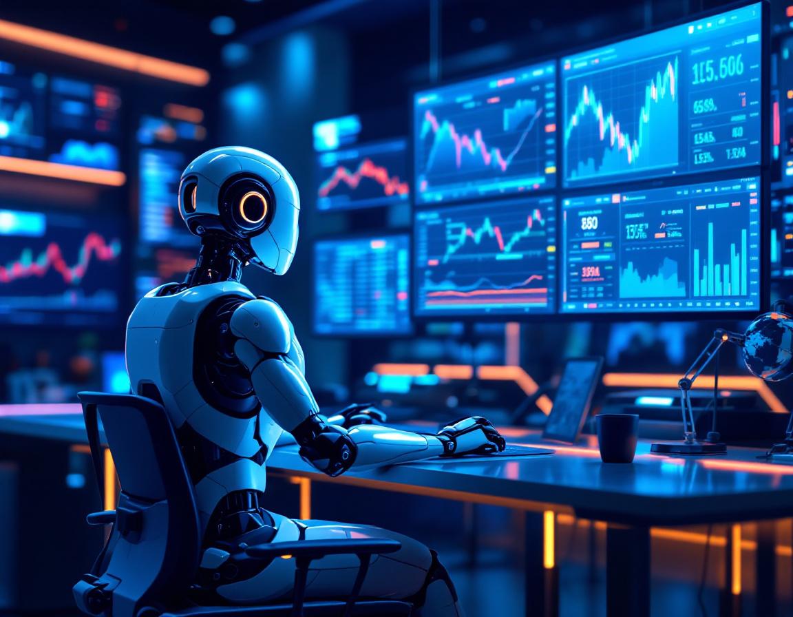 A hyper-realistic AI trading bot in a modern workspace analyzing stock and crypto market data.