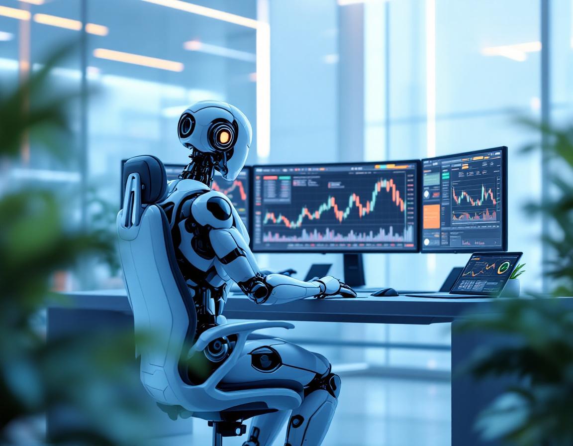 A hyper-realistic AI trading bot at a workstation analyzing diverse market data on multiple screens.