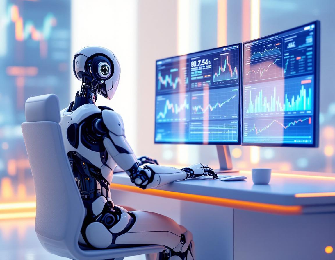 A futuristic AI trading bot at a high-tech workstation, analyzing market data on multiple screens.