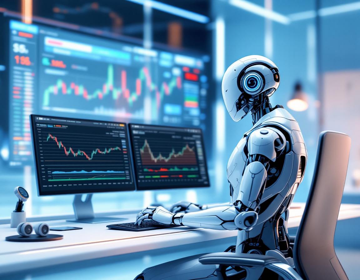 A hyper-realistic AI trading bot in a futuristic setup, analyzing market data on multiple screens.