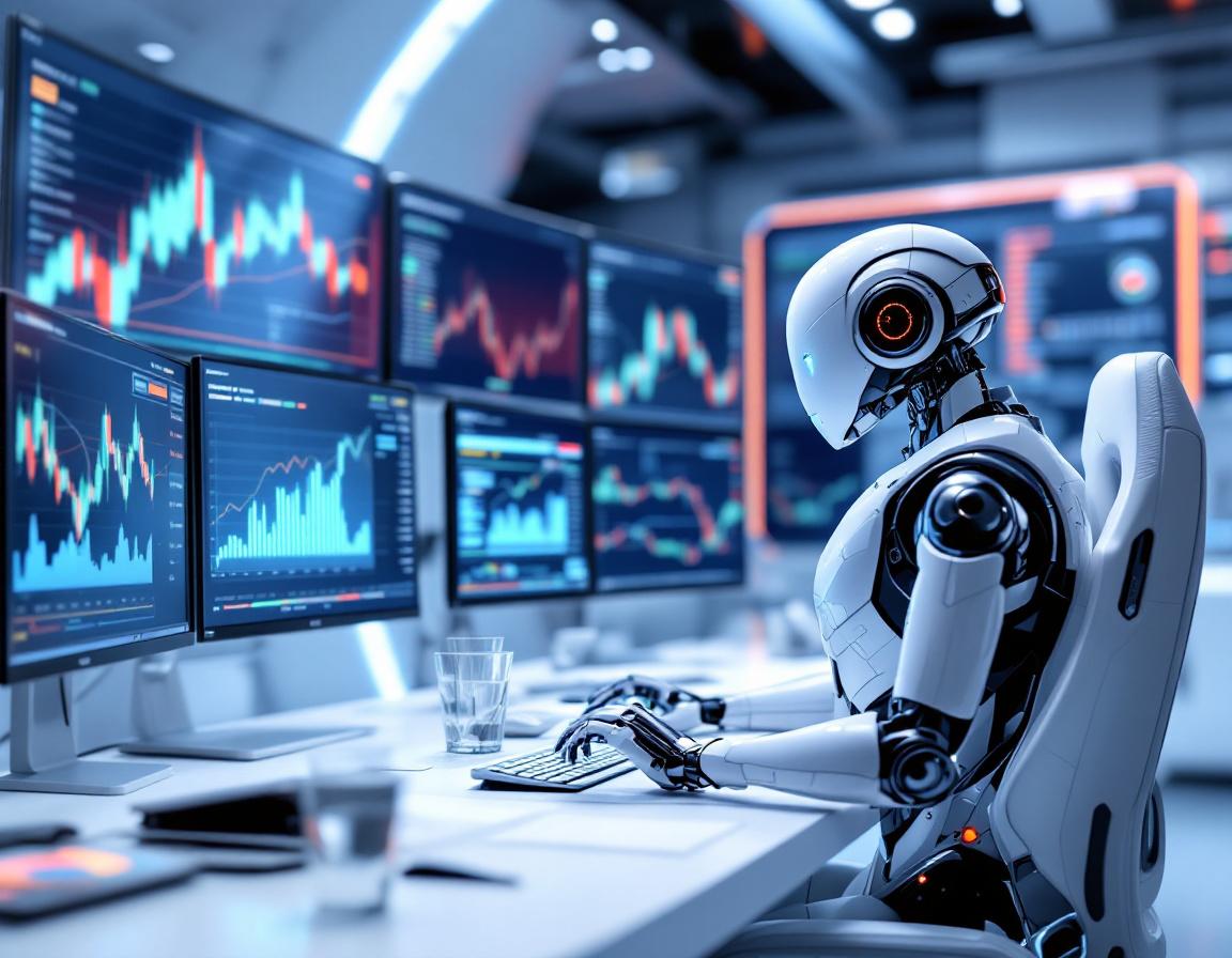 A sleek humanoid AI trading bot at a high-tech workstation analyzes market data on multiple screens.