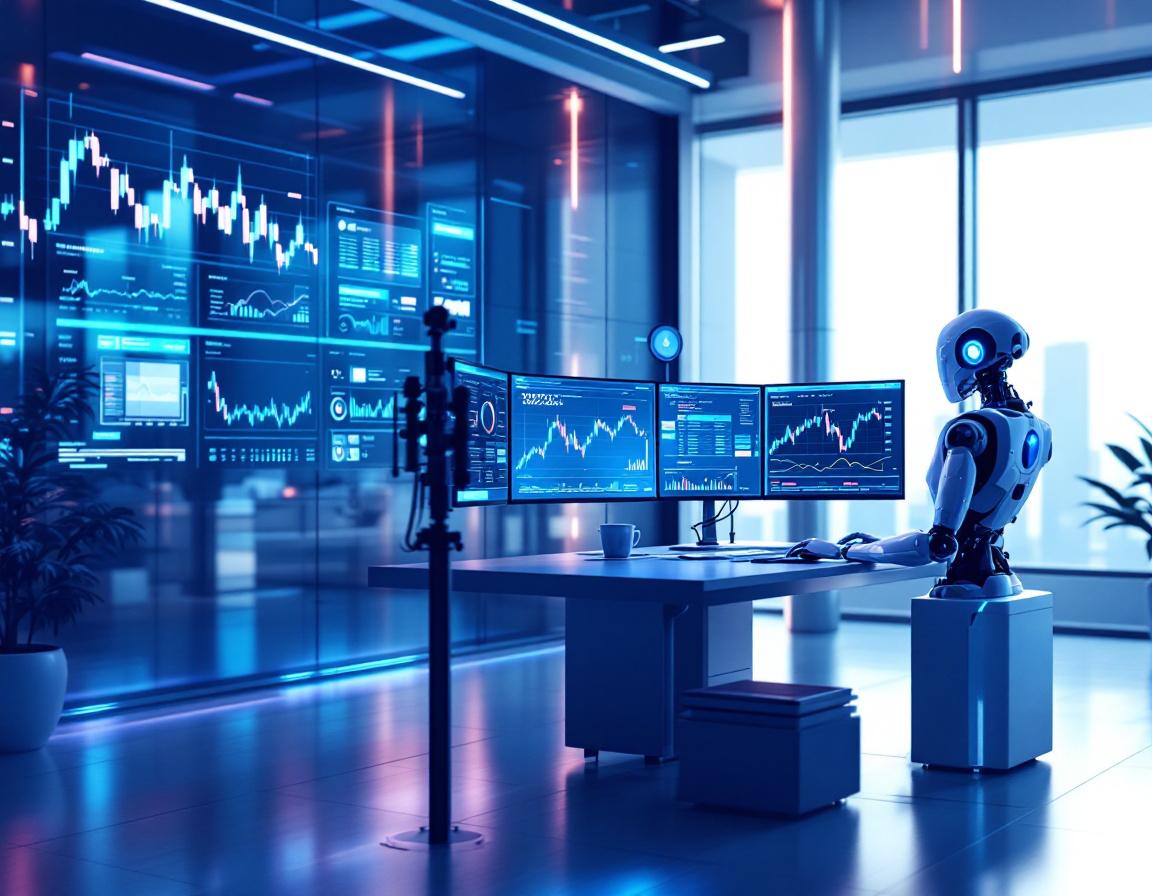 A humanoid AI trading bot analyzes market data at a high-tech workstation with multiple screens.