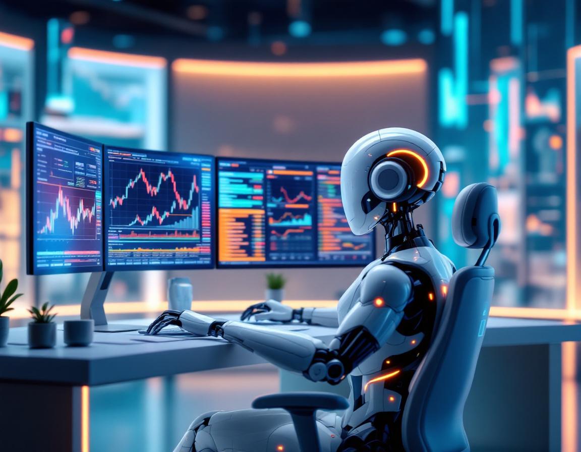 A hyper-realistic AI trading bot in a futuristic setting, analyzing market data on multiple screens.
