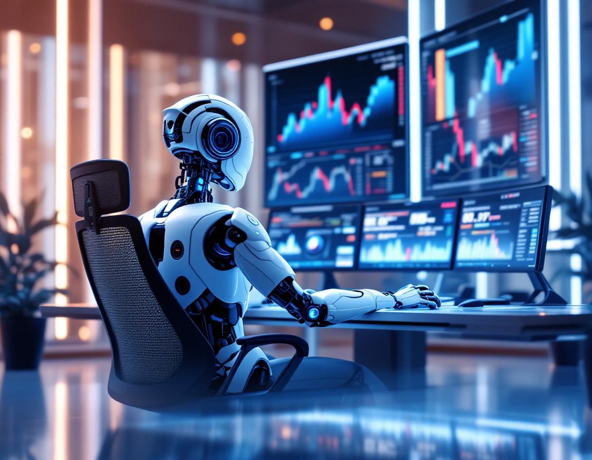 A humanoid AI trading bot operates in a futuristic workspace, analyzing data on multiple screens.