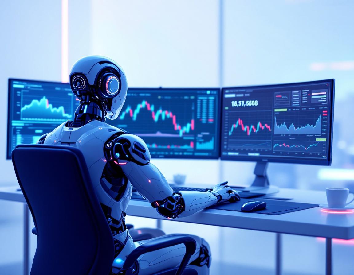 A hyper-realistic AI trading bot analyzes market data at a sleek workstation with multiple screens.