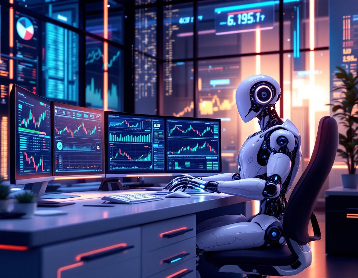 A hyper-realistic AI trading bot at a workstation analyzing markets with multiple data-rich screens.