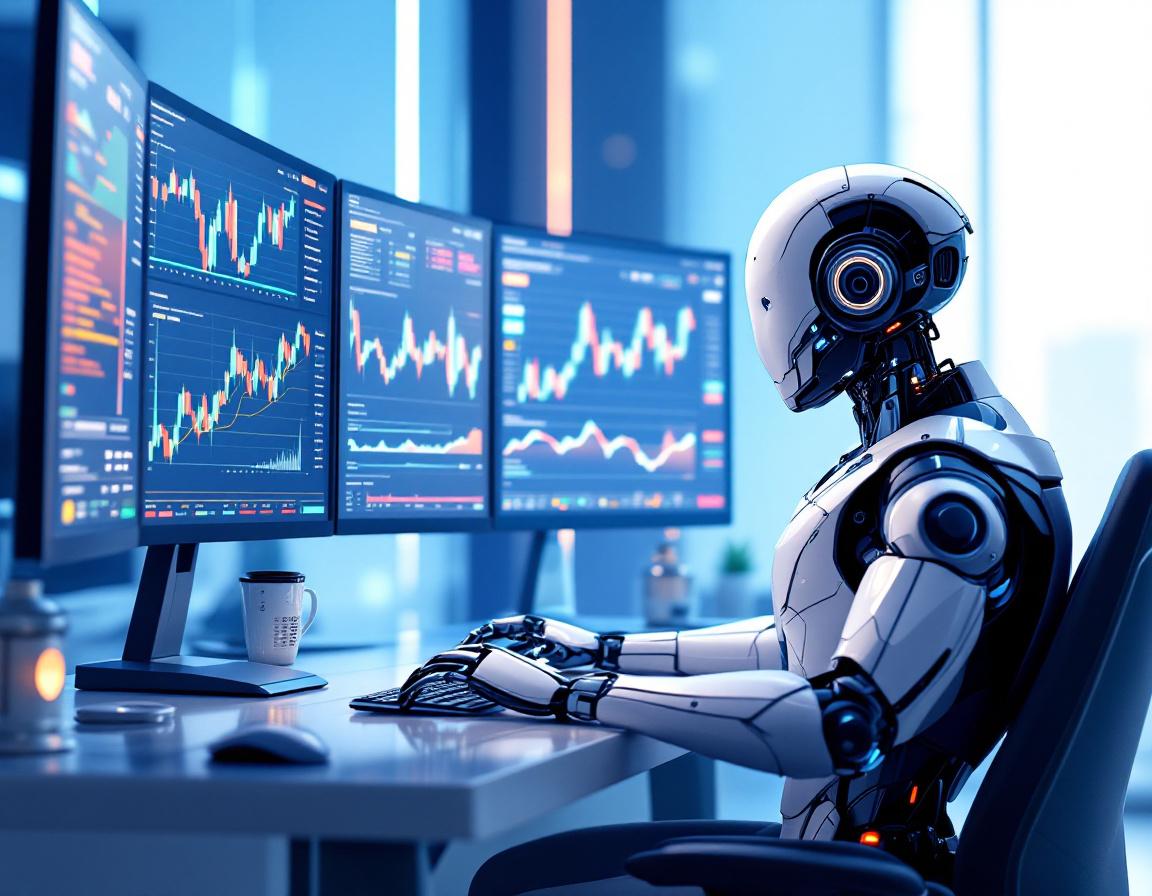 A humanoid AI trading bot at a high-tech workstation analyzing market data on multiple screens.