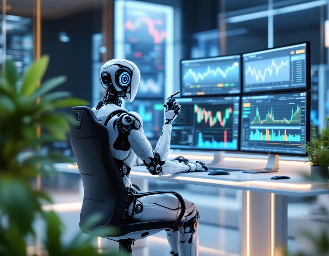 A humanoid AI trading bot at a workstation analyzes market data with screens showing stock charts.