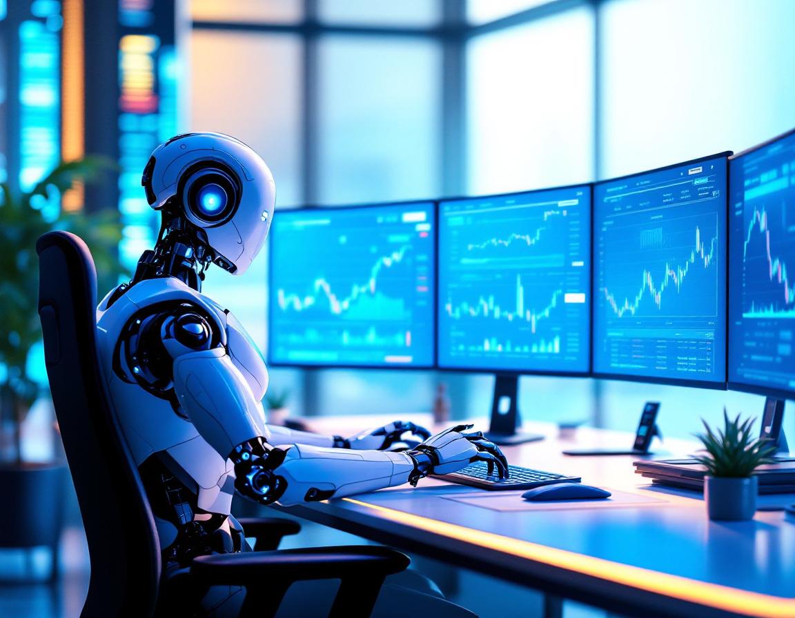 A hyper-realistic 3D AI trading bot in a sleek workstation analyzing crypto and stock market data.