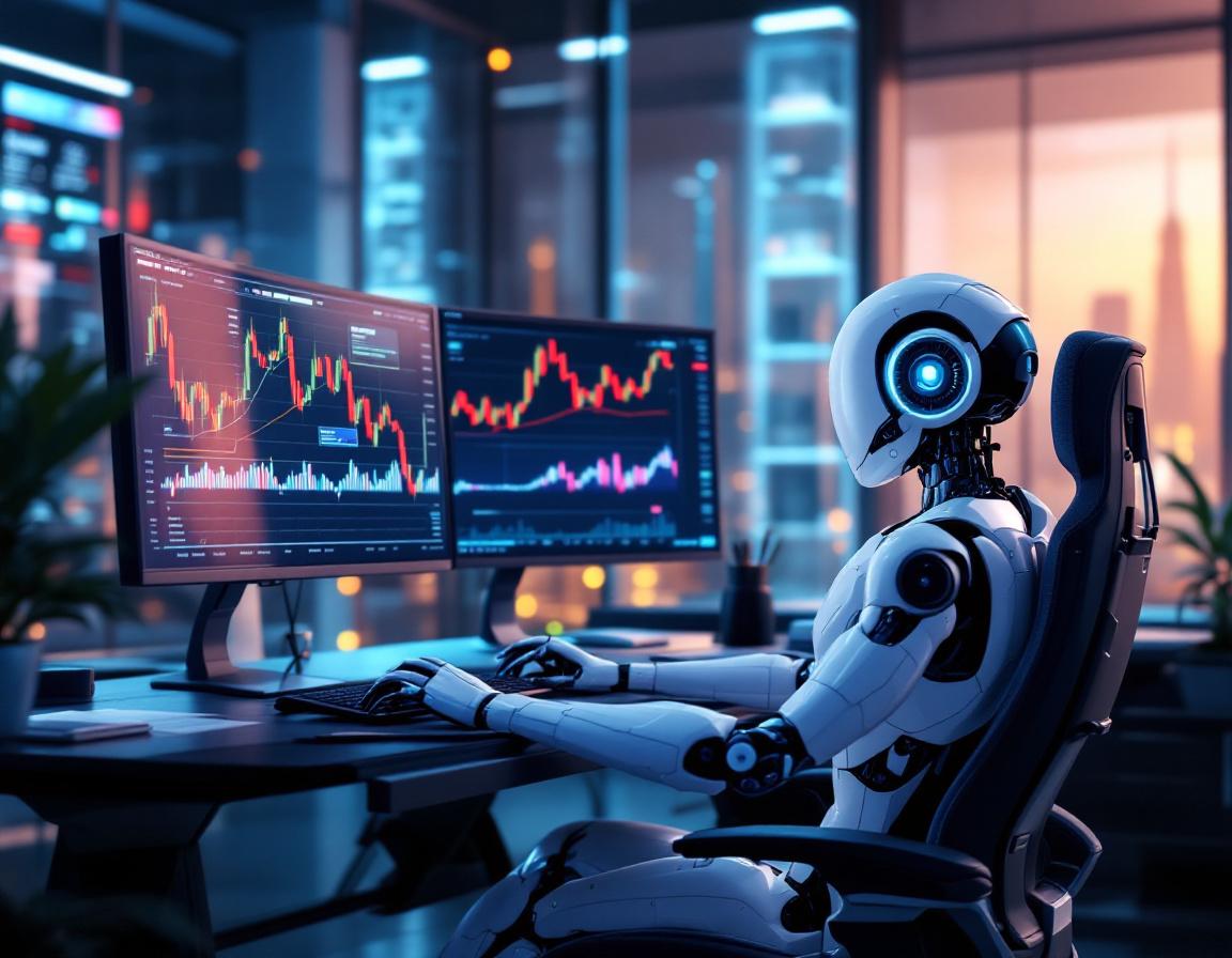 A hyper-realistic AI trading bot at a workstation, analyzing market data across multiple screens.
