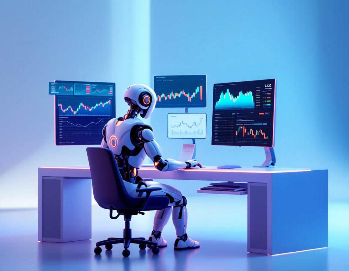A humanoid AI trading bot at a high-tech workstation analyzing market data on multiple screens.