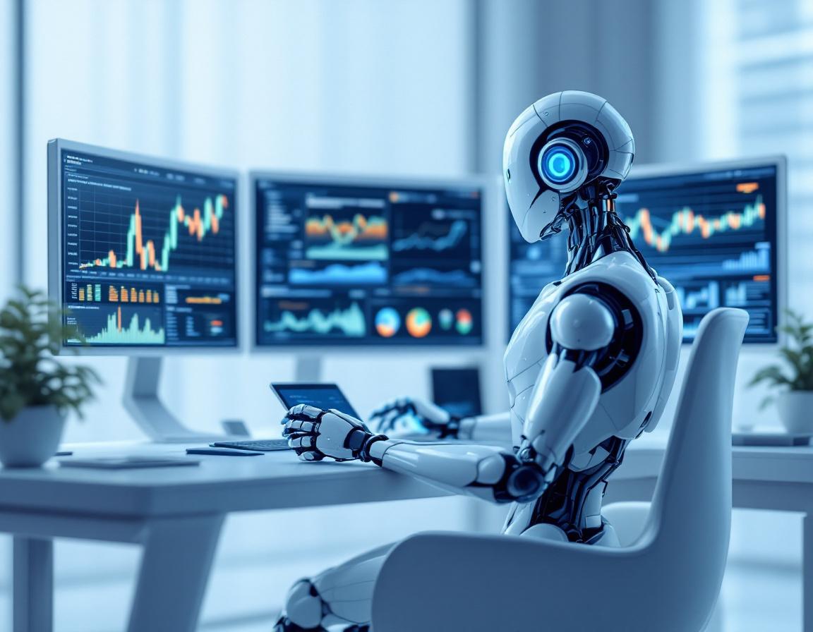 A hyper-realistic AI trading bot analyzes market data on multiple screens in a futuristic setting.