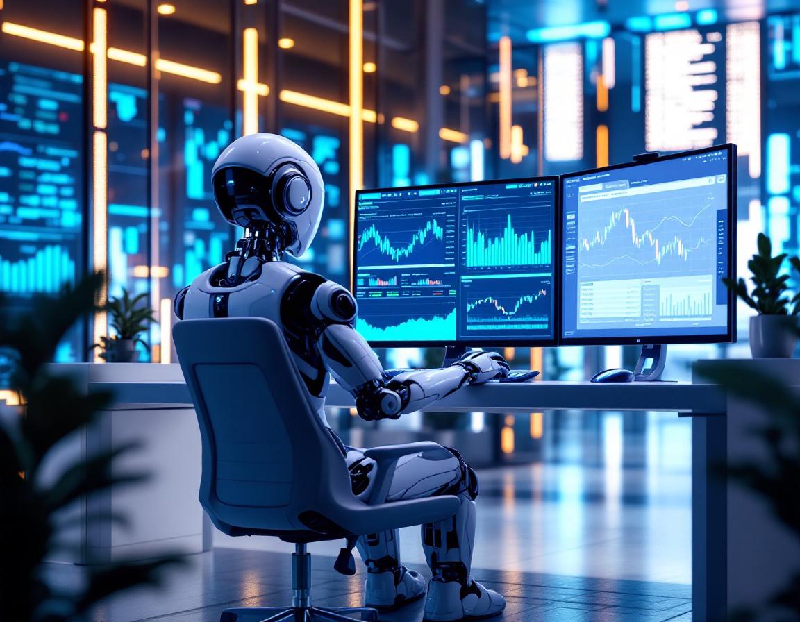 A sleek, humanoid AI trading bot at a workstation analyzing market data on multiple screens.
