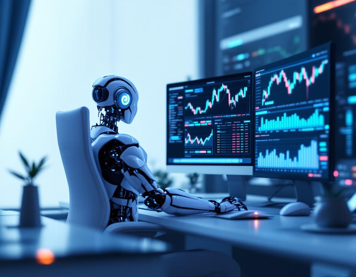 A hyper-realistic AI trading bot at a futuristic workstation analyzing crypto and stock market data.