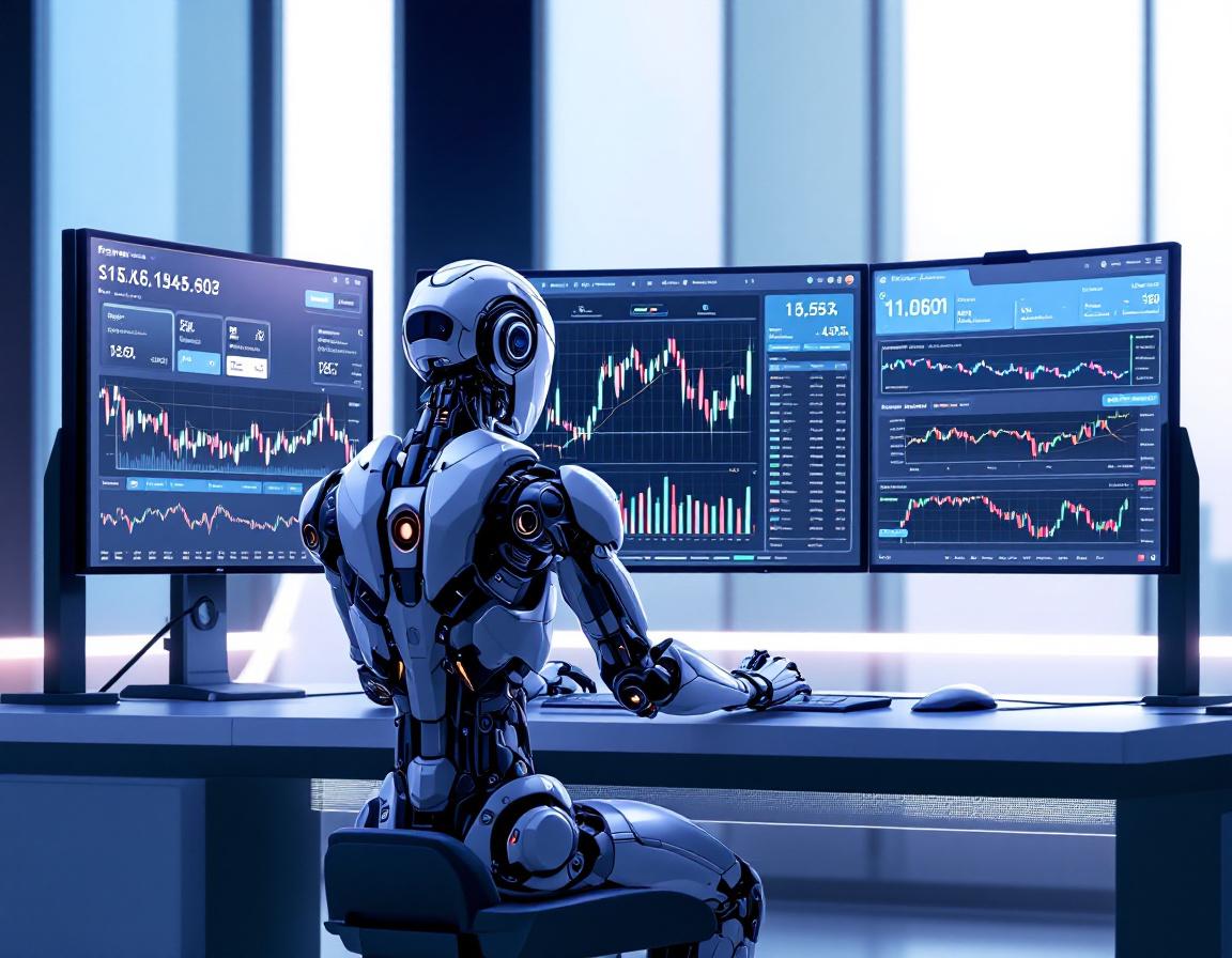 A humanoid AI trading bot at a high-tech workstation, analyzing market data on multiple screens.