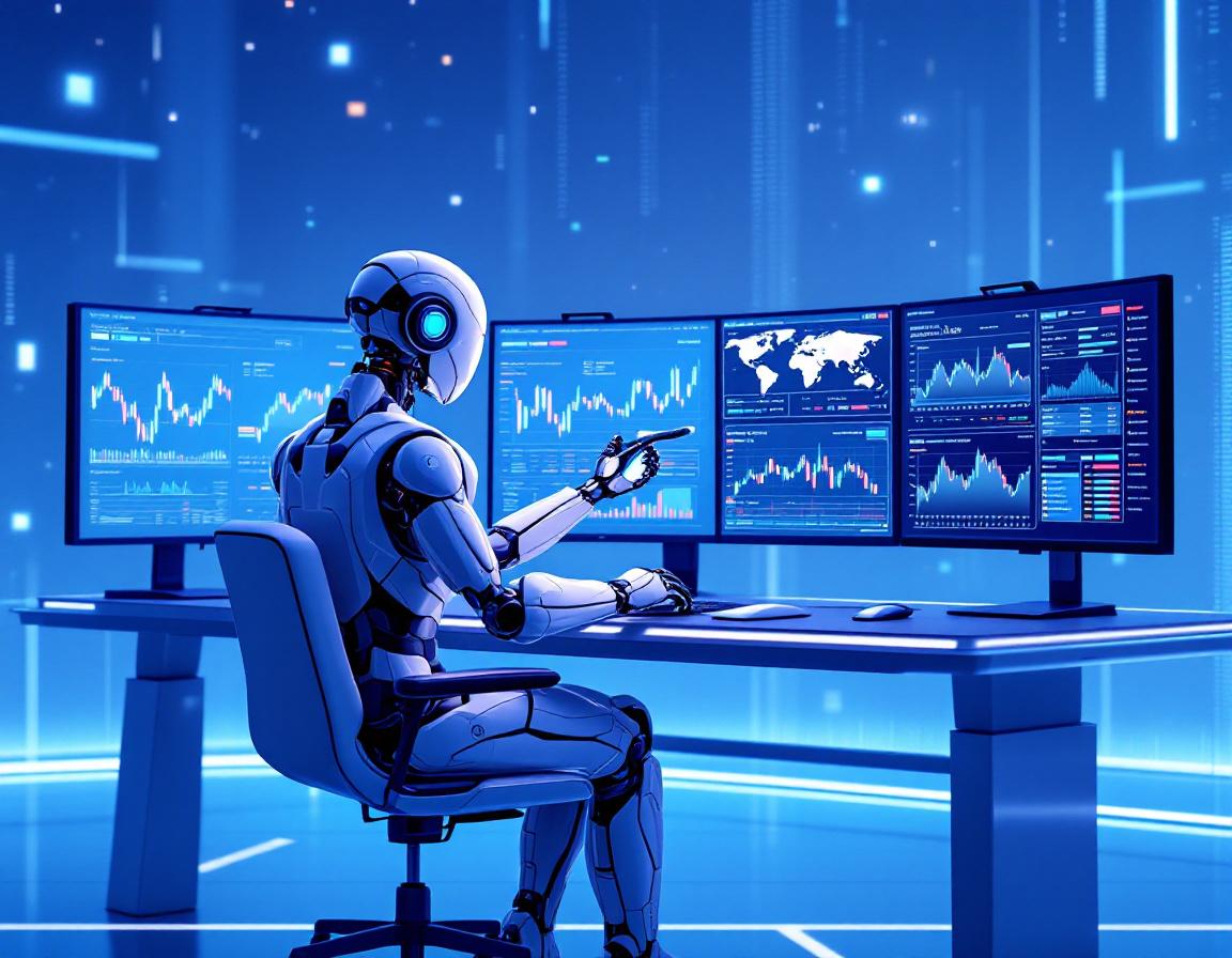 A hyper-realistic, humanoid AI trading bot at a high-tech workstation analyzing market data.